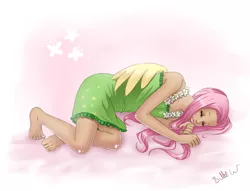 Size: 2581x1970 | Tagged: artist:missangest, barefoot, breasts, clothes, delicious flat chest, derpibooru import, dress, feet, female, flattershy, fluttershy, human, humanized, safe, sleeping, winged humanization