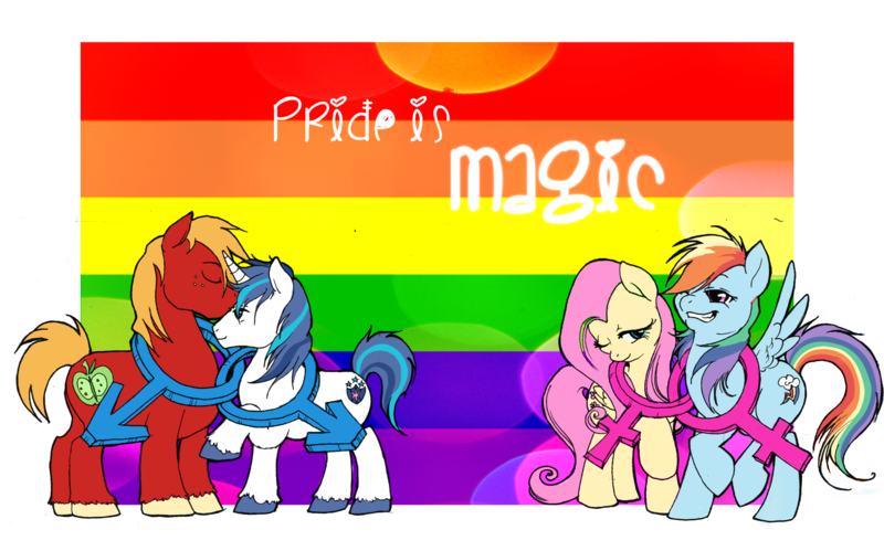 Size: 2052x1281 | Tagged: safe, artist:flutterdashwhore, derpibooru import, big macintosh, fluttershy, rainbow dash, shining armor, earth pony, pegasus, pony, unicorn, adultery, backwards cutie mark, female, flutterdash, gay, gay pride, gay pride flag, infidelity, lesbian, male, mare, pride, shiningmac, shipping, stallion