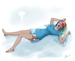 Size: 3300x2664 | Tagged: artist:missangest, barefoot, clothes, cloud, derpibooru import, drool, eyes closed, feet, human, humanized, lying, lying down, on back, open mouth, rainbow dash, safe, shorts, sleeping, spread wings, t-shirt, winged humanization