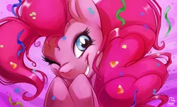 Size: 1500x909 | Tagged: safe, artist:chocokangoo, derpibooru import, part of a set, pinkie pie, earth pony, pony, female, mare, smiling, solo, streamers, wink