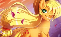 Size: 1500x909 | Tagged: safe, artist:chocokangoo, derpibooru import, part of a set, applejack, earth pony, pony, female, hair over one eye, mare, smiling, solo