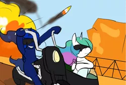 Size: 844x566 | Tagged: artist:kyodex, derpibooru import, explosion, motorcycle, princess celestia, princess luna, ride to hell: retribution, safe, sidecar, sunglasses, two best friends play, two best sisters play