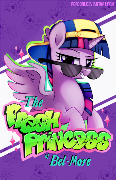 Size: 556x859 | Tagged: safe, artist:pepooni, derpibooru import, twilight sparkle, twilight sparkle (alicorn), alicorn, pony, backwards ballcap, baseball cap, cap, cropped, crossover, female, hat, hilarious in hindsight, mare, solo, sunglasses, the fresh prince of bel-air, will smith