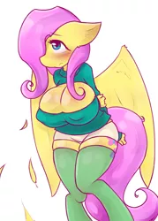 Size: 1000x1400 | Tagged: anthro, artist:ihara, big breasts, blushing, breasts, busty fluttershy, cleavage, clothes, derpibooru import, embarrassed, erect nipples, female, fluttershy, hair over one eye, huge breasts, keyhole turtleneck, open-chest sweater, shorts, solo, solo female, suggestive, sweater, sweatershy, turtleneck, unguligrade anthro