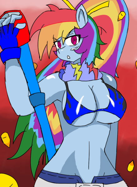 Size: 765x1043 | Tagged: suggestive, artist:rainic, derpibooru import, rainbow dash, anthro, armpits, belly button, breasts, busty rainbow dash, female, gun, solo, tengen toppa gurren lagann, yoko littner