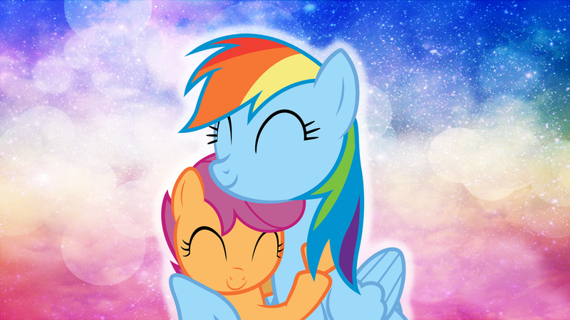 Size: 1920x1080 | Tagged: safe, artist:luckygirl88, derpibooru import, rainbow dash, scootaloo, pegasus, pony, ^^, duo, eyes closed, female, filly, foal, hug, image, mare, png, scootalove, siblings, sisters, smiling, wallpaper, winghug, wings