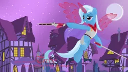 Size: 3840x2160 | Tagged: safe, artist:virenth, derpibooru import, trixie, pony, unicorn, alicorn amulet, armor, artificial wings, augmented, cloak, clothes, gun, magic, magic wings, pistol, quirass, rapier, solo, sword, wallpaper, wings