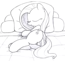 Size: 2450x2310 | Tagged: artist:an-tonio, bed, clothes, derpibooru import, flutterbutt, fluttershy, monochrome, panties, pillow, plot, sleeping, solo, striped underwear, suggestive, traditional art, underwear