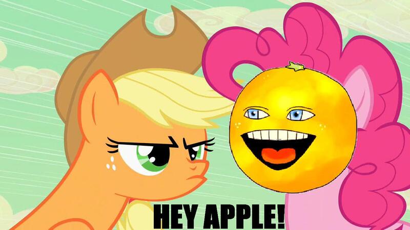 Size: 1280x720 | Tagged: annoying orange, applejack, derpibooru import, edit, hey apple, pinkie pie, safe