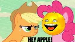 Size: 1280x720 | Tagged: annoying orange, applejack, derpibooru import, edit, hey apple, pinkie pie, safe