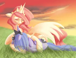 Size: 1024x791 | Tagged: artist:mirrorandimage, cuddling, derpibooru import, filly, floppy ears, grass, hug, lidded eyes, pink-mane celestia, princess celestia, princess luna, prone, safe, side, snuggling, spread wings, woona, younger