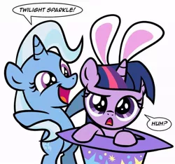 Size: 800x750 | Tagged: safe, derpibooru import, trixie, twilight sparkle, pony, rabbit, unicorn, bunny ears, bunny out of the hat, cute, dialogue, diatrixes, female, filly, magic, magic trick, mare, simple background, twiabetes, white background, younger