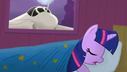 Size: 1600x900 | Tagged: a-6 intruder, artist:totallynotabronyfim, bed, bed intruder, bedroom, blanket, context is for the weak, derpibooru import, jet, magic, my little pony, plane, pun, safe, sleeping, solo, soon, twilight sparkle, visual pun, wat