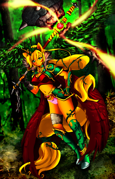 Size: 3300x5100 | Tagged: alicorn, alicornified, anthro, applecorn, applejack, armor, artist:animeclaro, badass, cameltoe, clothes, crown, derpibooru import, epic, hammer, human facial structure, panties, plant wings, questionable, race swap, unconvincing armor, underwear, war hammer, weapon, wings