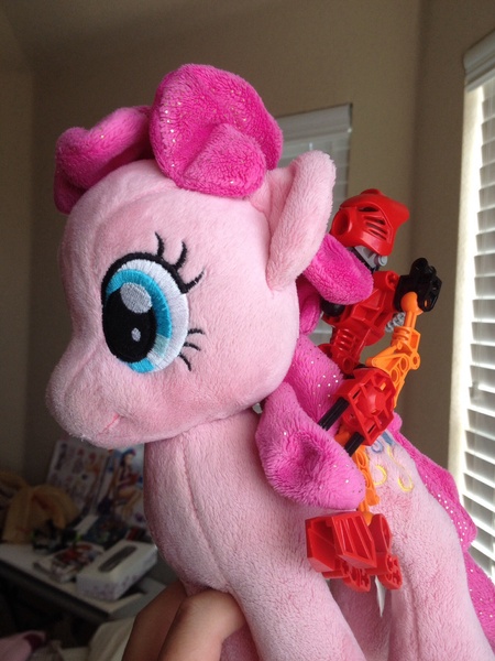 Size: 1536x2048 | Tagged: aurora, bionicle, derpibooru import, irl, lego, photo, pinkie pie, plushie, riding, safe, tahu