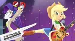 Size: 1280x714 | Tagged: safe, derpibooru import, screencap, applejack, rarity, equestria girls, rainbow rocks, bass guitar, guitar, keytar, kick, magnet, microphone, musical instrument, raribuse