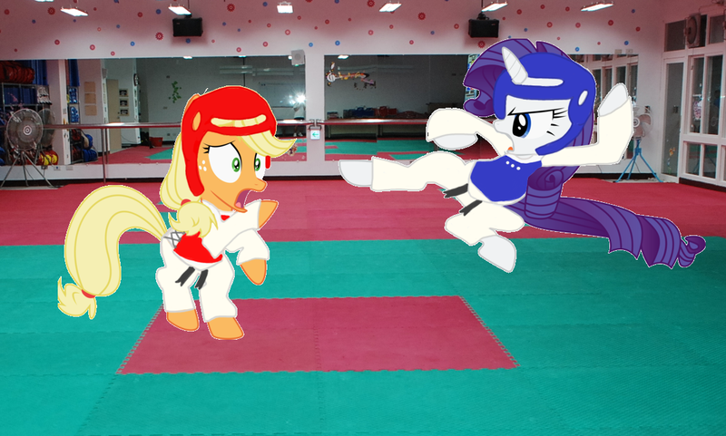 Size: 1144x688 | Tagged: artist needed, safe, derpibooru import, edit, applejack, rarity, earth pony, pony, unicorn, black belt, chest guard, clothes, duo, female, fight, gear, gi, headgear, mare, robe, taekwondo, trousers