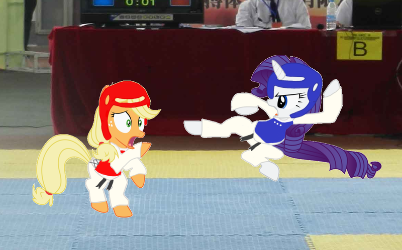 Size: 1176x732 | Tagged: artist needed, safe, derpibooru import, edit, applejack, rarity, earth pony, pony, unicorn, black belt, chest guard, clothes, duo, female, fight, gi, headgear, judges, kicking, mare, martial arts, robe, taekwondo, trousers