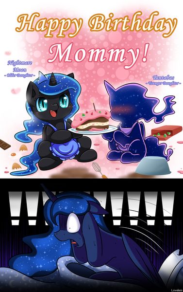 Size: 1131x1800 | Tagged: safe, artist:vavacung, derpibooru import, nightmare moon, princess luna, tantabus, alicorn, pony, do princesses dream of magic sheep, blushing, cake, catapult nightmare, comic, cute, family, female, filly, floppy ears, fridge horror, looking at you, mare, maternaluna, missing accessory, moonabetes, mother and daughter, nightmare, nightmare woon, open mouth, screaming, sitting, smiling, sweat, tantibetes, the implications are horrible, wide eyes, younger