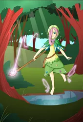 Size: 1170x1724 | Tagged: artist:didj, barefoot, derpibooru import, druid, fantasy class, feet, floating wings, flutterdruid, fluttershy, forest, glow, hood, human, humanized, magic, my little mages, safe, scepter, solo, water