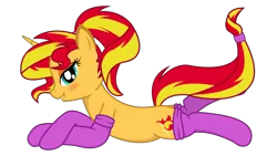 Size: 6400x3600 | Tagged: suggestive, artist:zuko42, derpibooru import, sunset shimmer, pony, alternate hairstyle, blushing, clothes, lip bite, ponytail, simple background, socks, sockset shimmer, solo, transparent background