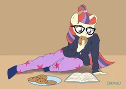 Size: 1000x712 | Tagged: adorkable, anthro, artist:empyu, book, clothes, cookie, cute, dancerbetes, derpibooru import, dork, eating, glasses, moondancer, reading, safe, socks, solo