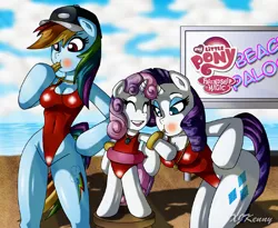 Size: 600x492 | Tagged: anthro, arm hooves, artist:xjkenny, backwards cutie mark, baseball cap, beach, blowing, blushing, breasts, busty rainbow dash, busty rarity, clothes, cute, derpibooru import, diasweetes, female, floaty, hat, inflation, inner tube, lifeguard, puffy cheeks, rainblow dash, rainbow dash, rainbow dashs coaching whistle, rarity, red face, suggestive, sweetie belle, swimsuit, unguligrade anthro, water wings, whistle, whistle necklace