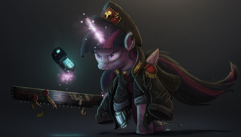 Size: 3500x2000 | Tagged: semi-grimdark, artist:ncmares, derpibooru import, twilight sparkle, twilight sparkle (alicorn), alicorn, pony, angry, chainsword, clothes, coat, commissar, crossover, female, frown, glare, hat, levitation, magic, mare, plasma pistol, prosthetics, purity seal, raised hoof, solo, sword, telekinesis, torn ear, warhammer (game), warhammer 40k, weapon