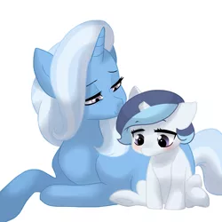 Size: 3000x3000 | Tagged: safe, artist:kianamai, derpibooru import, trixie, oc, oc:dove (kianamai), pony, unicorn, kilalaverse, blushing, broken horn, dizzy, female, french, kissing, mare, mother and daughter, next generation, offspring, parent:trixie, parent:unnamed oc, parents:canon x oc, sad, simple background, story included, white background