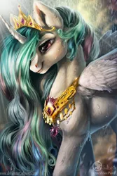 Size: 1500x2250 | Tagged: safe, artist:lulemt, derpibooru import, princess celestia, alicorn, pony, beautiful, detailed, female, fluffy, mare, modified accessory, portrait, rain, realistic, regalia, smiling, solo, wet