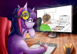 Size: 4093x2894 | Tagged: safe, artist:alcor, derpibooru import, twilight sparkle, human, pony, computer, drawing, droste effect, ergonomics, first you draw a circle, headphones, inception, irony, recursion, tablet, we need to go deeper