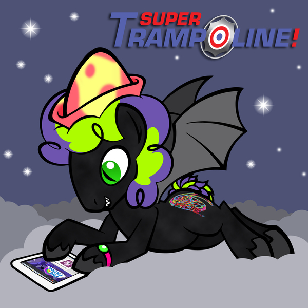 Size: 2700x2700 | Tagged: safe, artist:toonbat, derpibooru import, oc, oc:super trampoline, unofficial characters only, bat pony, pony, cloud, commission, fimfiction, french horn, green eyes, hat, musical instrument, prone, reading, solo, stars, tablet, unshorn fetlocks, watch