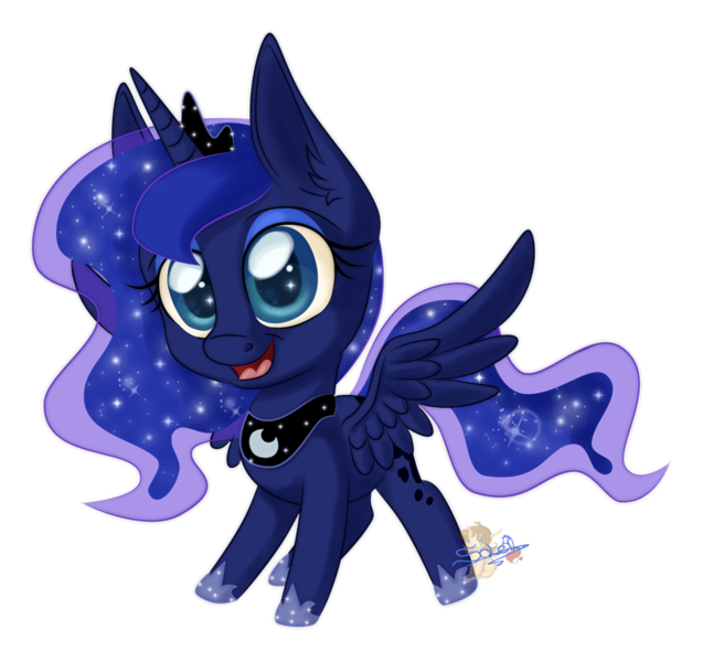 Size: 800x753 | Tagged: safe, artist:unisoleil, derpibooru import, princess luna, alicorn, pony, chibi, cute, female, looking at you, lunabetes, mare, open mouth, simple background, smiling, solo, sparkles, spread wings, starry eyes, transparent background, wings