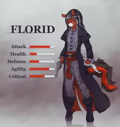 Size: 3000x3176 | Tagged: safe, artist:fruitbloodmilkshake, derpibooru import, oc, oc:florid, unofficial characters only, anthro, earth pony, unguligrade anthro, cloak, clothes, gun, knife, red and black oc, solo, statistics