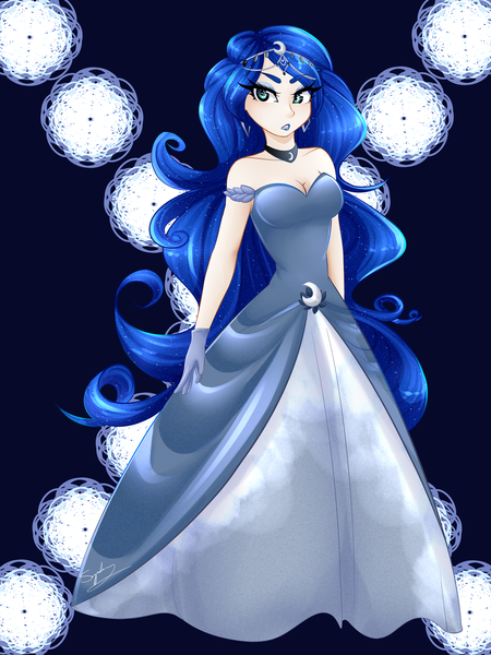 Size: 1600x2133 | Tagged: artist:sugarberry, cleavage, clothes, derpibooru import, dress, female, gloves, human, humanized, looking at you, night, princess luna, safe, solo