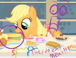 Size: 500x382 | Tagged: applejack, derpibooru import, edit, edited screencap, food, ham, hatless, missing accessory, ponies eating meat, safe, sandwich, screencap, slowpoke