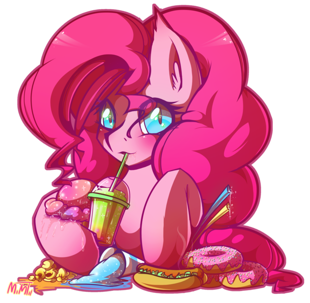 Size: 2674x2608 | Tagged: safe, artist:mimtii, derpibooru import, pinkie pie, 7-eleven, blushing, candy, cute, donut, drinking, food, heart eyes, hoof hold, hot dog, ice cream, junk food, looking at you, pixie stix, popcorn, simple background, slurpee, smiling, snow cone, solo, straw, transparent background, wingding eyes