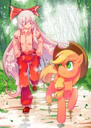 Size: 880x1245 | Tagged: applejack, artist:sweetsound, bamboo, clothes, crossover, derpibooru import, forest, fujiwara no mokou, human, pants, ribbon, safe, suspenders, touhou