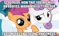 Size: 809x500 | Tagged: suggestive, derpibooru import, edit, edited screencap, screencap, scootaloo, sweetie belle, pony, unicorn, bed, caption, female, image macro, implied cunnilingus, implied foalcon, implied oral, implied sex, lesbian, meme, on back, pillow, scootabelle, shipping