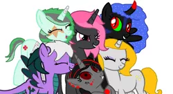 Size: 1024x558 | Tagged: safe, artist:silverromance, artist:strawberry-t-pony, derpibooru import, oc, oc:blood drop, oc:brave heart, oc:camila cockatrice, oc:gold star, oc:midnight flare, oc:sour candy, unofficial characters only, alicorn, dracony, hybrid, pony, alicorn oc, collaboration, offspring, parent:king sombra, parent:nightmare moon, parents:sombramoon