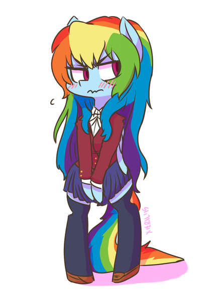 Size: 838x1209 | Tagged: safe, artist:xieril, derpibooru import, rainbow dash, pegasus, pony, semi-anthro, alternate hairstyle, bipedal, blushing, clothes, cosplay, crossover, cute, dashabetes, embarrassed, female, frown, glare, looking away, mare, no catchlights, pleated skirt, school uniform, schoolgirl, signature, simple background, skirt, socks, solo, taiga aisaka, thigh highs, toradora, tsunderainbow, tsundere, wavy mouth, white background, zettai ryouiki