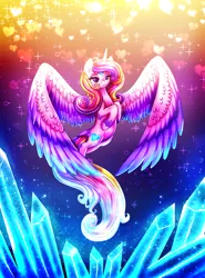 Size: 1032x1394 | Tagged: artist:9de-light6, color porn, crystal, derpibooru import, impossibly large wings, princess cadance, safe, solo, tail feathers