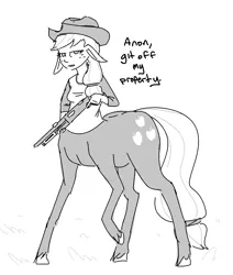 Size: 1054x1244 | Tagged: applejack, artist:nobody, centaur, centaurjack, derpibooru import, floppy ears, gun, implied anon, monochrome, safe, shotgun, solo, weapon