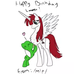 Size: 1200x1200 | Tagged: anon pony, artist:swampy, birthday, birthday card, chest fluff, derpibooru import, edit, happy birthday lauren faust, heart, lauren faust, /mlp/, oc, oc:fausticorn, safe, unofficial characters only