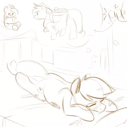 Size: 700x700 | Tagged: applebucking, applejack, artist:goat train, derpibooru import, dream, monochrome, safe, sketch, sleeping, solo, underhoof, working