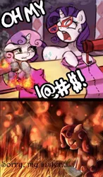Size: 548x937 | Tagged: safe, artist:72-hours-remain, artist:lumineko, derpibooru import, edit, rarity, sweetie belle, pony, unicorn, bad end, censored vulgarity, crooked glasses, crying, female, filly, fire, glasses, grass, grawlixes, mare, open mouth, sad, sewing machine, smoke, sweetie fail, this ended in fire, wide eyes
