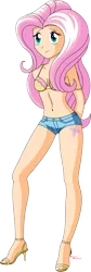 Size: 1675x5000 | Tagged: suggestive, artist:rexpony, derpibooru import, fluttershy, equestria girls, absurd resolution, belly button, bra, breasts, clothes, delicious flat chest, female, flattershy, high heels, humanized, shorts, solo, solo female, underwear, yellow underwear