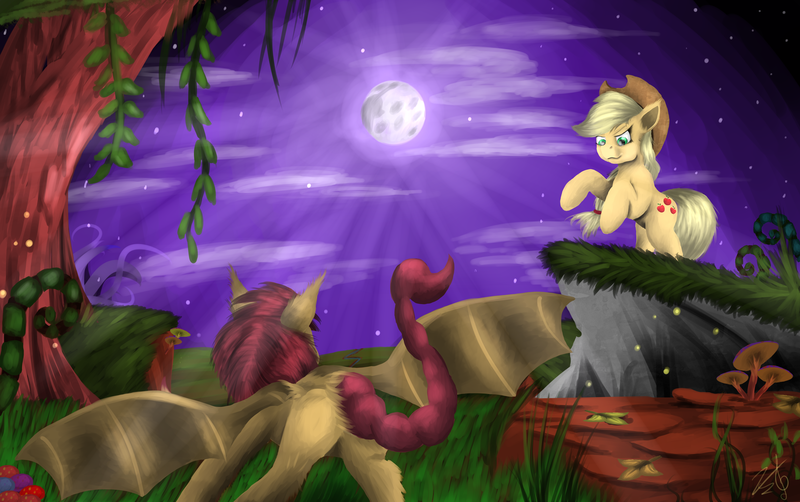 Size: 6352x3984 | Tagged: applejack, artist:vinicius040598, cliff, derpibooru import, full moon, manticore, night, safe