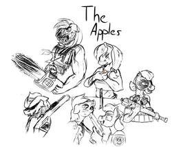 Size: 1280x1089 | Tagged: anthro, apple bloom, applejack, arrow, artist:mixy, baseball bat, big macintosh, blood, braeburn, chainsaw, cigarette, derpibooru import, granny smith, grenade, gun, knife, pistol, semi-grimdark, shotgun, smoking, weapon