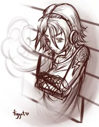 Size: 519x666 | Tagged: artist:figgot, cigarette, derpibooru import, headphones, human, humanized, rainbow dash, safe, sketch, smoking, solo